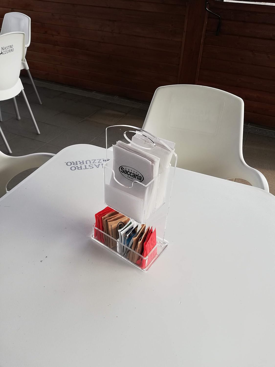 Servietten- und Zuckerbeutelhalter aus transparentem Plexiglas Modell PM215C-SPM – Tischorganizer für Bars und Restaurants