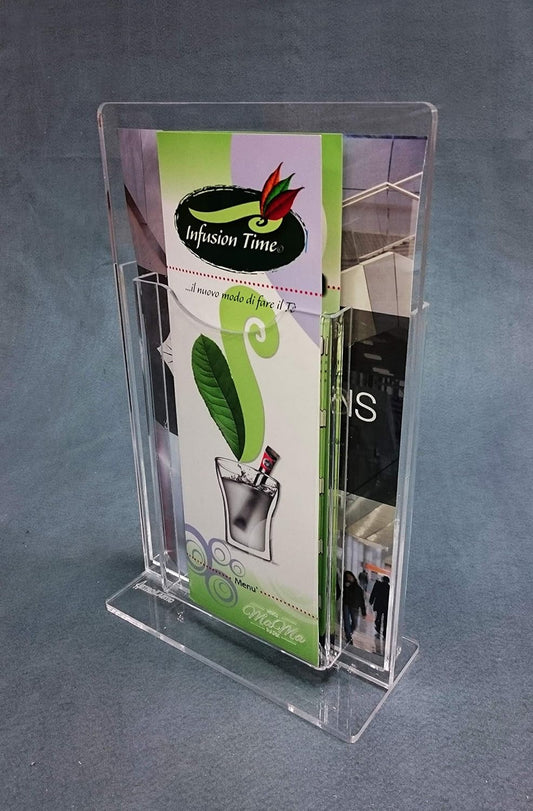 Portamenús en T de plexiglás de doble cara con 2 bolsillos - Expositor de mesa para menús, tarifas y promociones