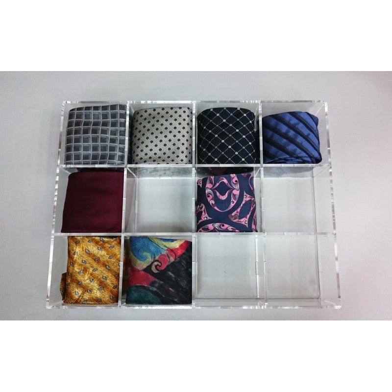 Transparent plexiglass tie holder display with 4 compartments – countertop or wall organizer – Made in Italy