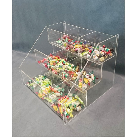 Expositor para caramelos con compartimentos de plexiglás - Disponible con 2, 3 o 4 niveles | Expositor de sobremesa para snacks y dulces