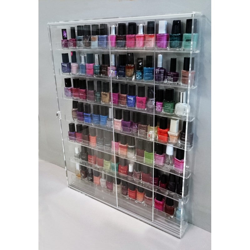 Espositore da Parete in Plexiglass per Smalti Semipermanenti – 7 Ripiani | Con o Senza Ante Scorrevoli