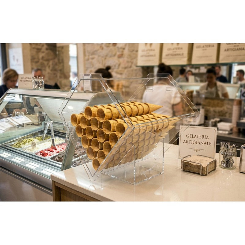 Espositore Bauletto in Plexiglass per Coni Gelato – Contenitore da Banco Design Romboidale
