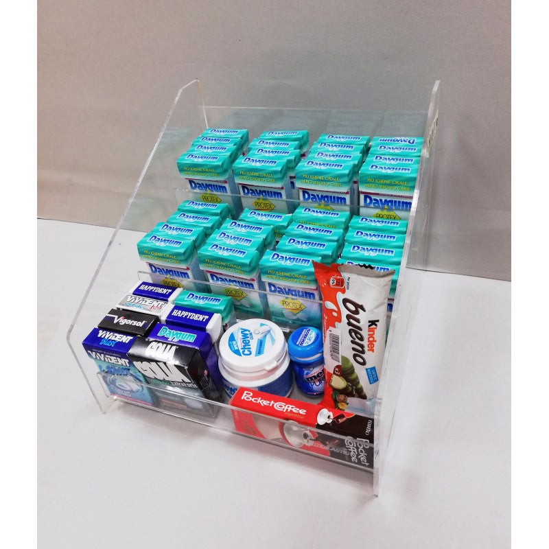 Espositore da Banco in Plexiglass a 3 Ripiani per Caramelle, Snack, Cialde e Accendini