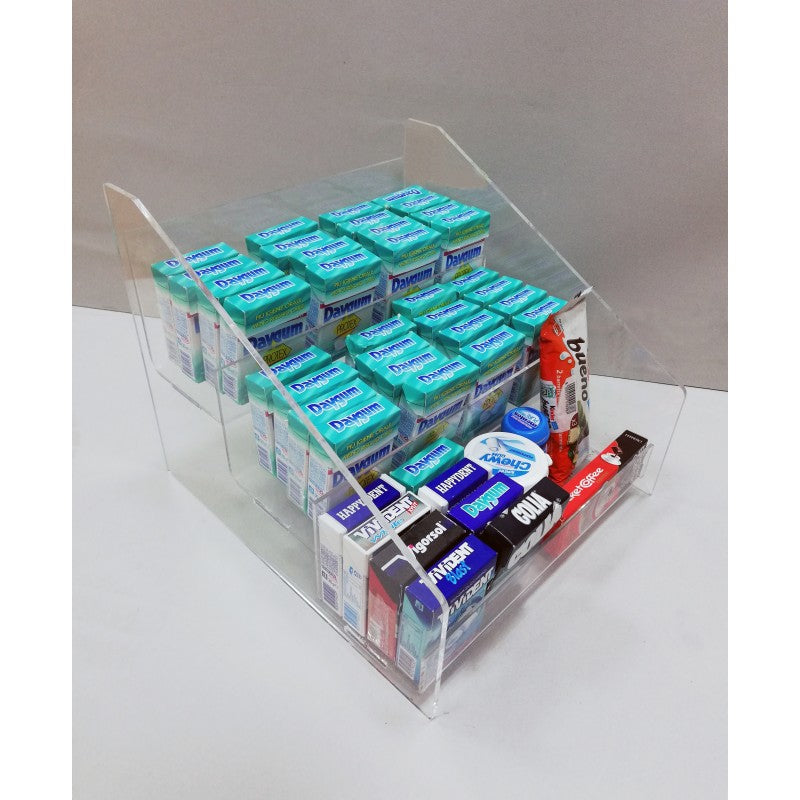 Espositore da Banco in Plexiglass a 3 Ripiani per Caramelle, Snack, Cialde e Accendini