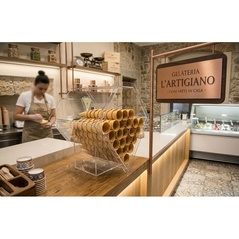 Espositore Bauletto in Plexiglass per Coni Gelato – Contenitore da Banco Design Romboidale